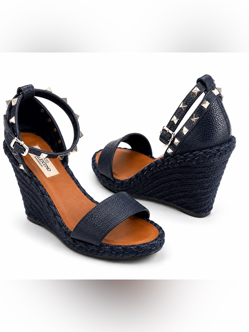 Valentino Black Leather Studded Espadrille Wedges